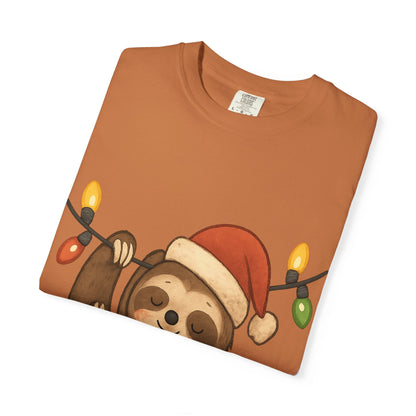 Festive Sloth Dreams: Holiday Lights Companion, Cute Christmas Illustration T-shirt – Custom T-Shirt by PixelCraft360, unique decoration for events and special gifts