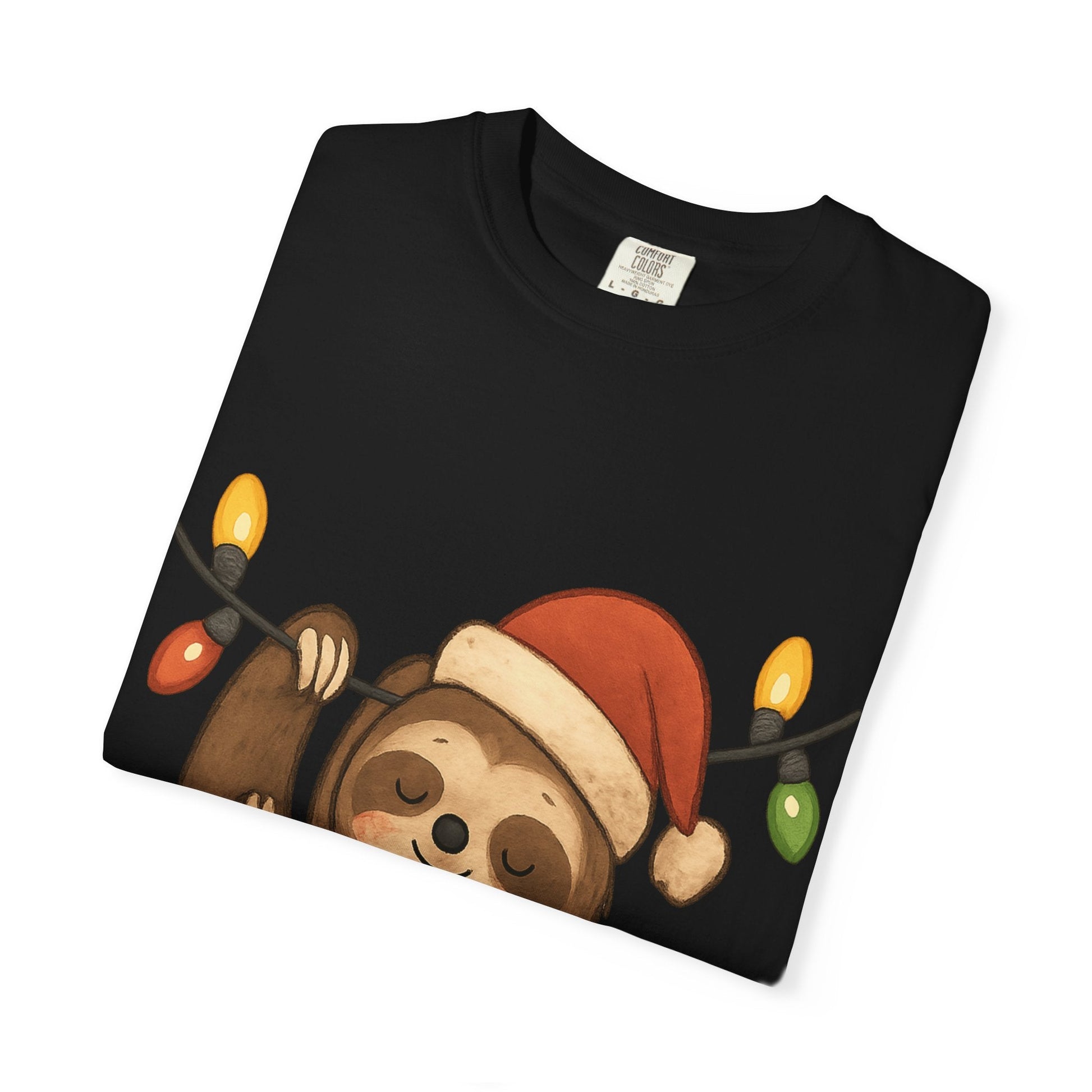 Festive Sloth Dreams: Holiday Lights Companion, Cute Christmas Illustration T-shirt – Custom T-Shirt by PixelCraft360, unique decoration for events and special gifts