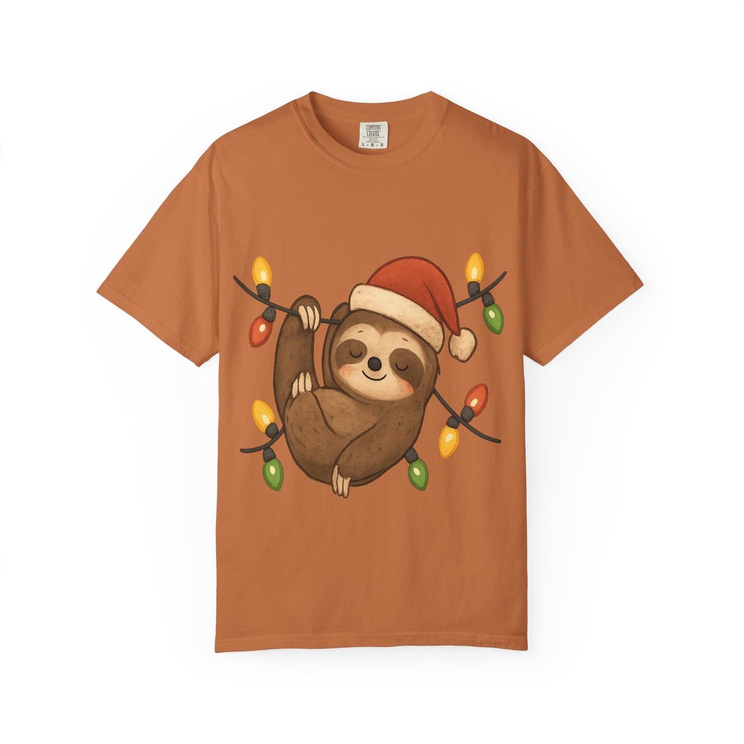 Festive Sloth Dreams: Holiday Lights Companion, Cute Christmas Illustration T-shirt – Custom T-Shirt by PixelCraft360, unique decoration for events and special gifts