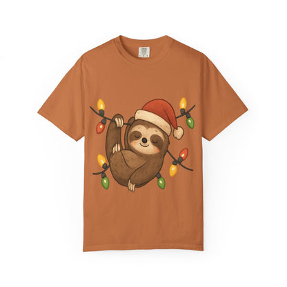 Festive Sloth Dreams: Holiday Lights Companion, Cute Christmas Illustration T-shirt – Custom T-Shirt by PixelCraft360, unique decoration for events and special gifts