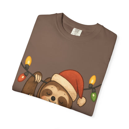 Festive Sloth Dreams: Holiday Lights Companion, Cute Christmas Illustration T-shirt – Custom T-Shirt by PixelCraft360, unique decoration for events and special gifts