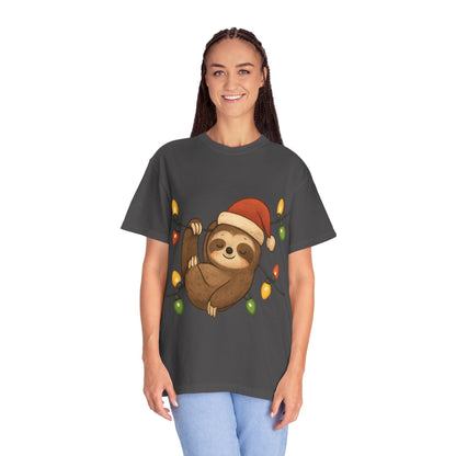 Festive Sloth Dreams: Holiday Lights Companion, Cute Christmas Illustration T-shirt – Custom T-Shirt by PixelCraft360, unique decoration for events and special gifts
