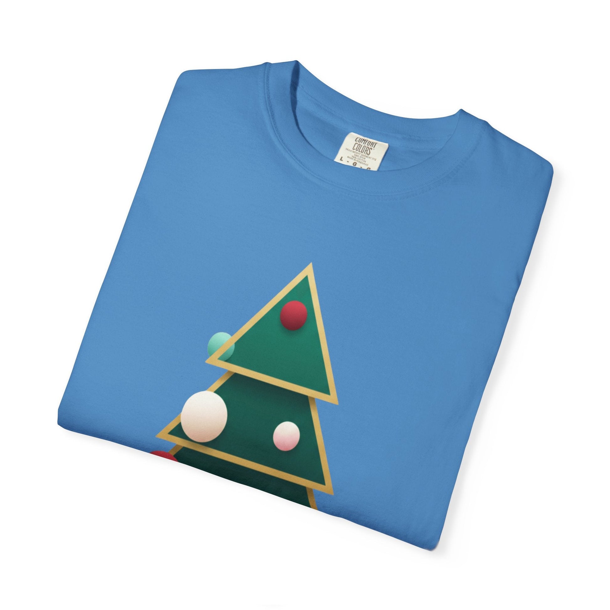 Geometric Festivity: Modern Christmas Tree Design, Minimalist Holiday Art T-shirt – Custom T-Shirt by PixelCraft360, unique decoration for events and special gifts