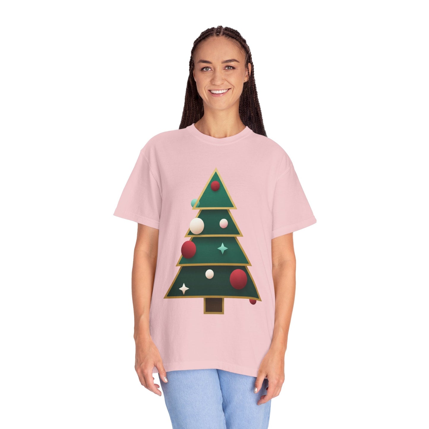 Geometric Festivity: Modern Christmas Tree Design, Minimalist Holiday Art T-shirt – Custom T-Shirt by PixelCraft360, unique decoration for events and special gifts