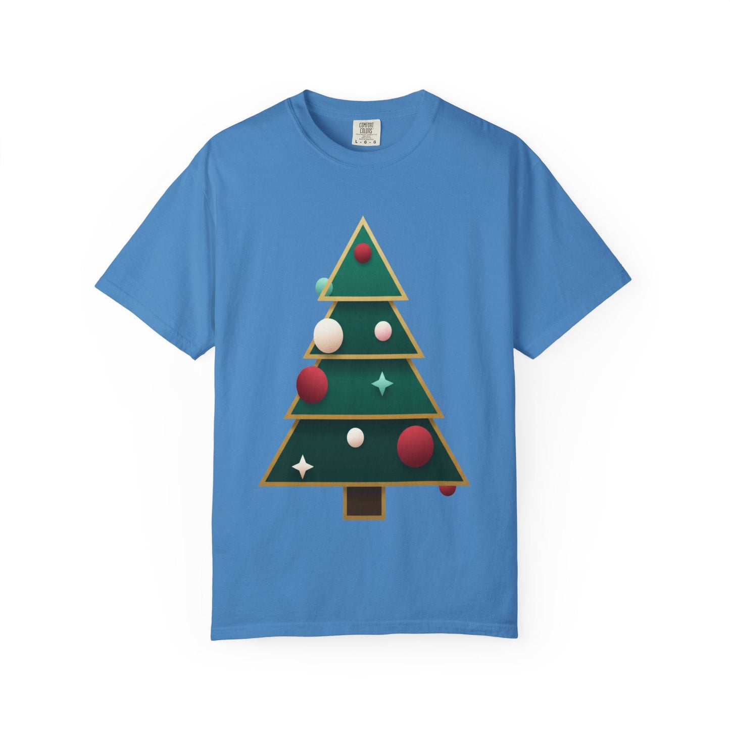 Geometric Festivity: Modern Christmas Tree Design, Minimalist Holiday Art T-shirt – Custom T-Shirt by PixelCraft360, unique decoration for events and special gifts