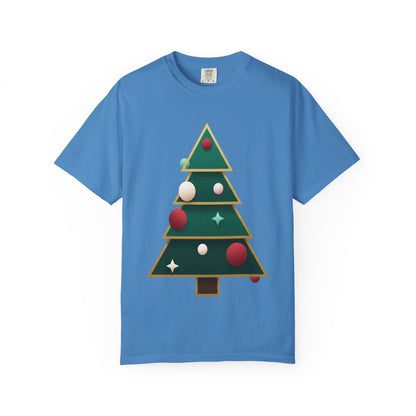 Geometric Festivity: Modern Christmas Tree Design, Minimalist Holiday Art T-shirt – Custom T-Shirt by PixelCraft360, unique decoration for events and special gifts