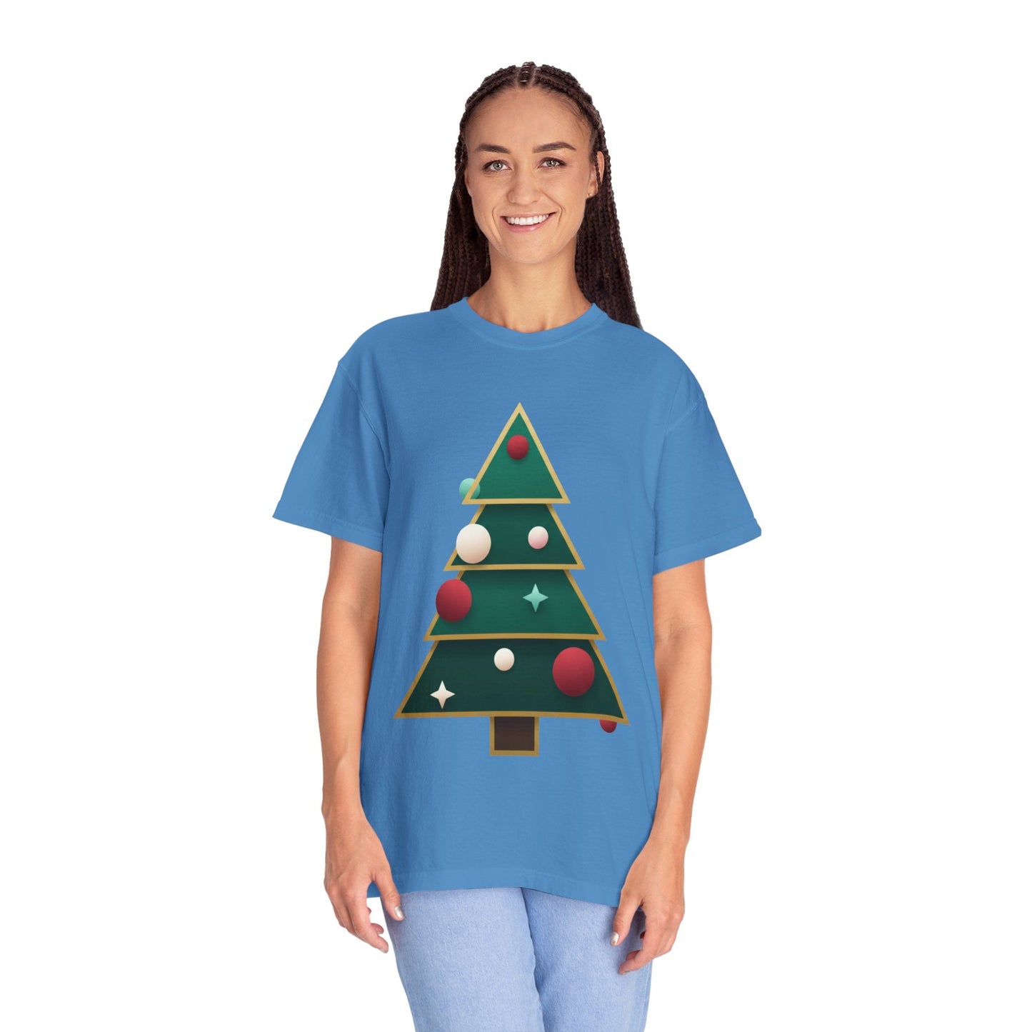 Geometric Festivity: Modern Christmas Tree Design, Minimalist Holiday Art T-shirt – Custom T-Shirt by PixelCraft360, unique decoration for events and special gifts
