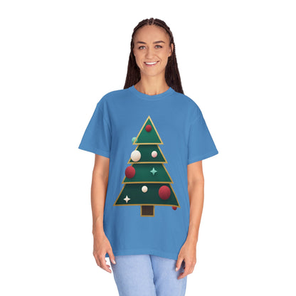 Geometric Festivity: Modern Christmas Tree Design, Minimalist Holiday Art T-shirt – Custom T-Shirt by PixelCraft360, unique decoration for events and special gifts