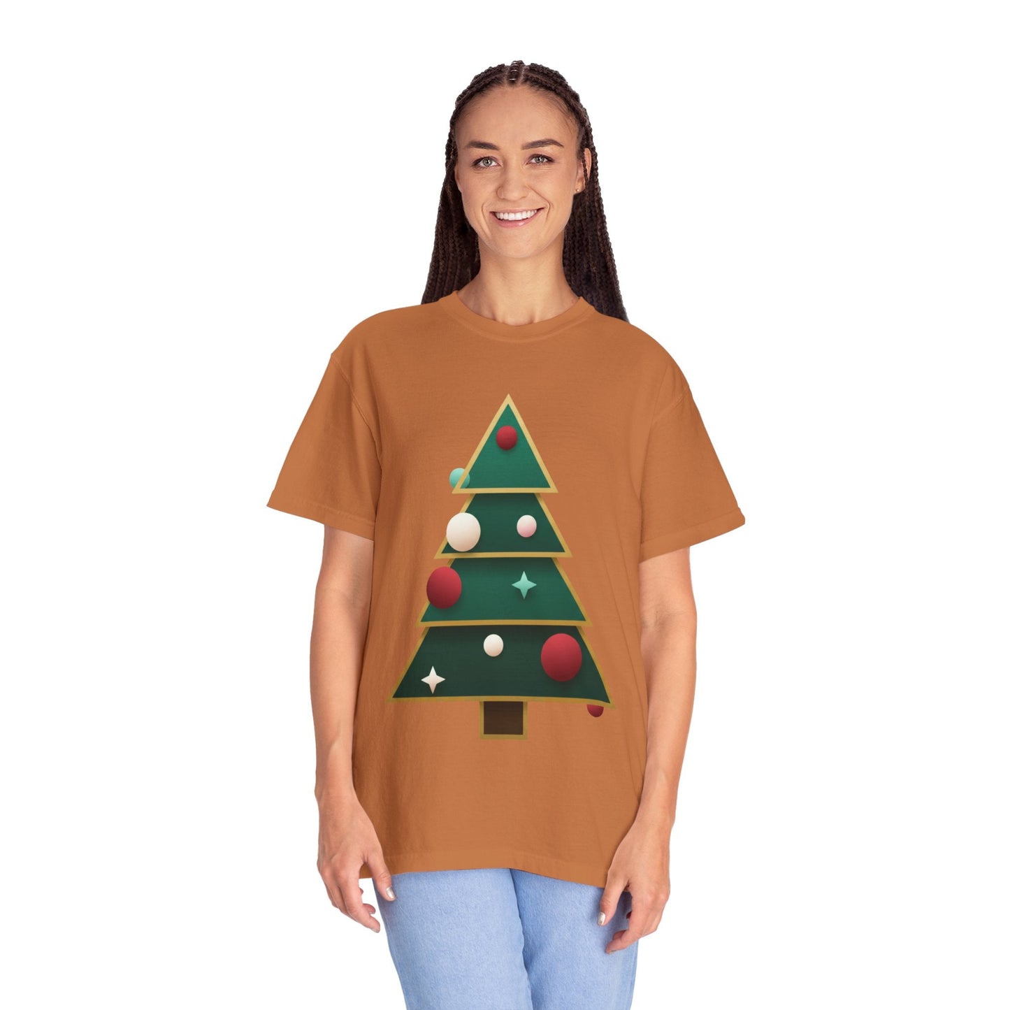 Geometric Festivity: Modern Christmas Tree Design, Minimalist Holiday Art T-shirt – Custom T-Shirt by PixelCraft360, unique decoration for events and special gifts
