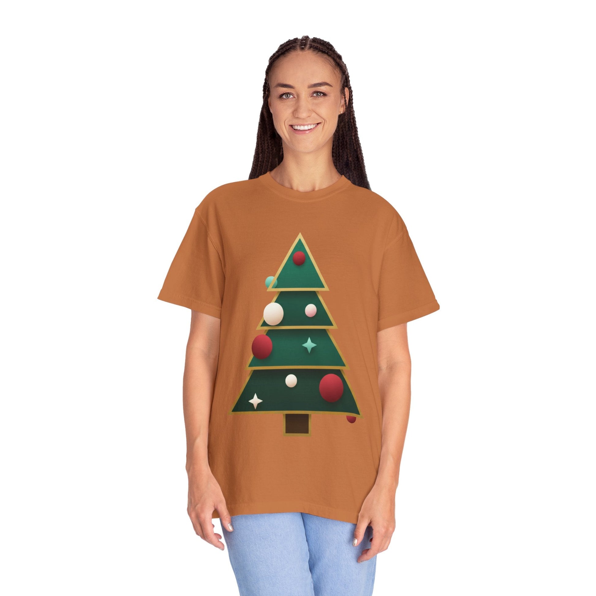 Geometric Festivity: Modern Christmas Tree Design, Minimalist Holiday Art T-shirt – Custom T-Shirt by PixelCraft360, unique decoration for events and special gifts