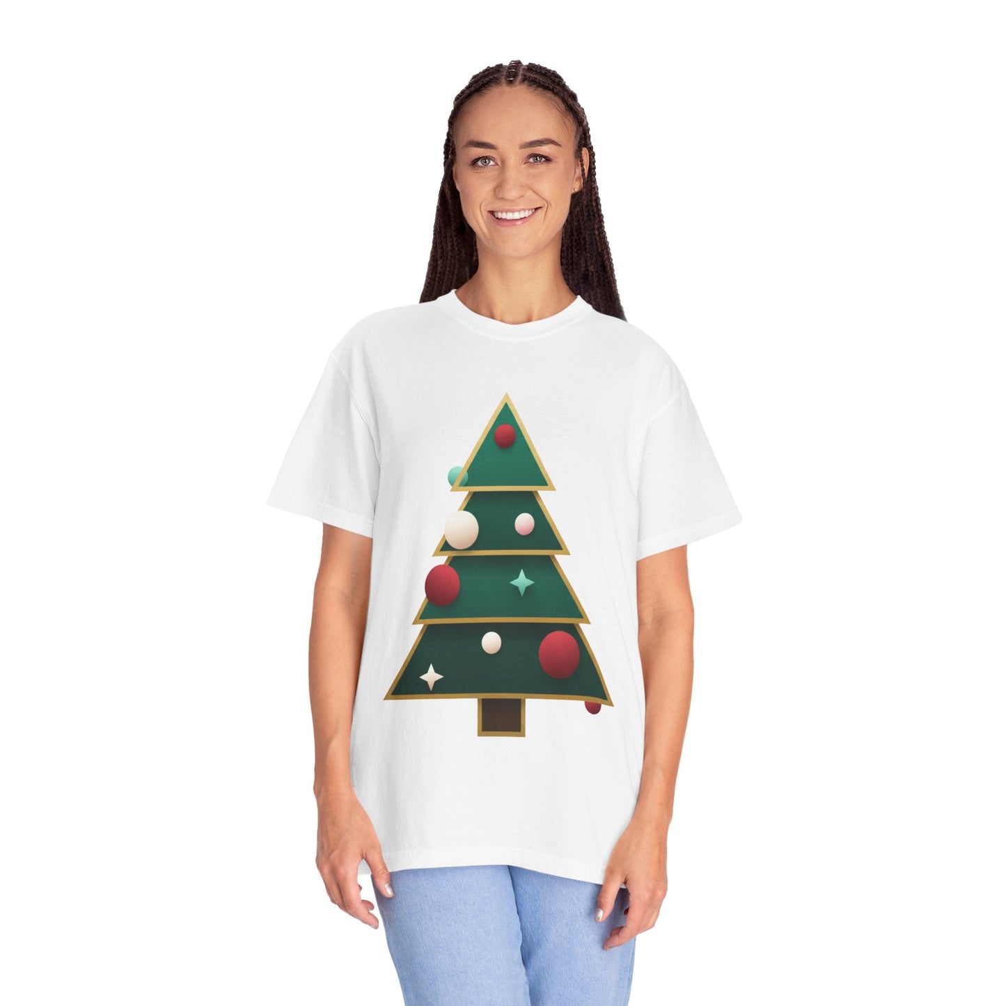Geometric Festivity: Modern Christmas Tree Design, Minimalist Holiday Art T-shirt – Custom T-Shirt by PixelCraft360, unique decoration for events and special gifts