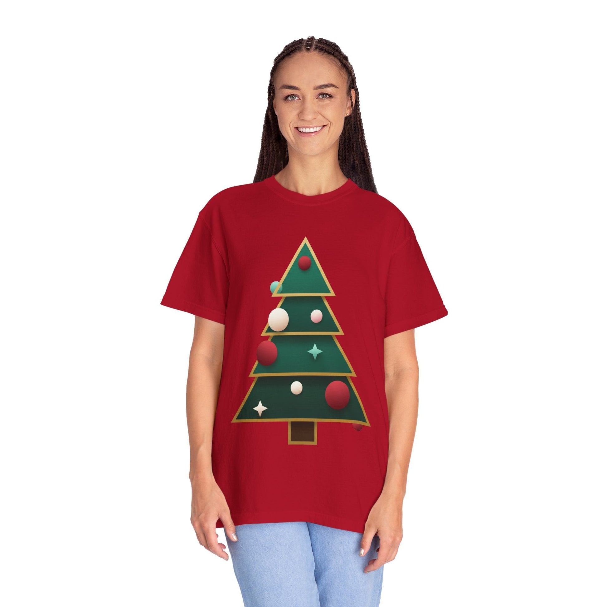 Geometric Festivity: Modern Christmas Tree Design, Minimalist Holiday Art T-shirt – Custom T-Shirt by PixelCraft360, unique decoration for events and special gifts