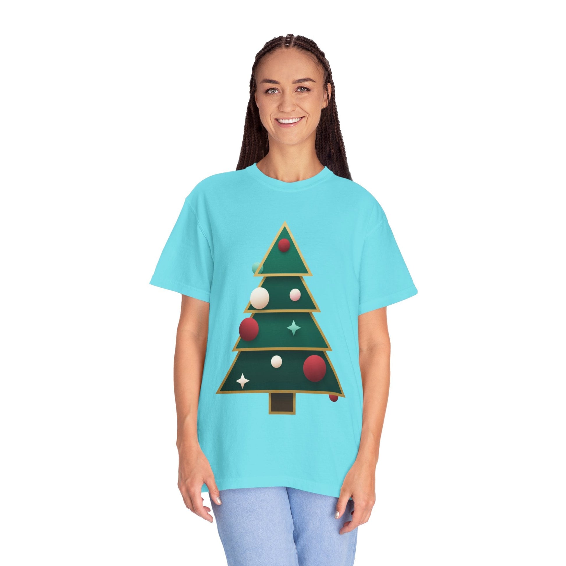 Geometric Festivity: Modern Christmas Tree Design, Minimalist Holiday Art T-shirt – Custom T-Shirt by PixelCraft360, unique decoration for events and special gifts