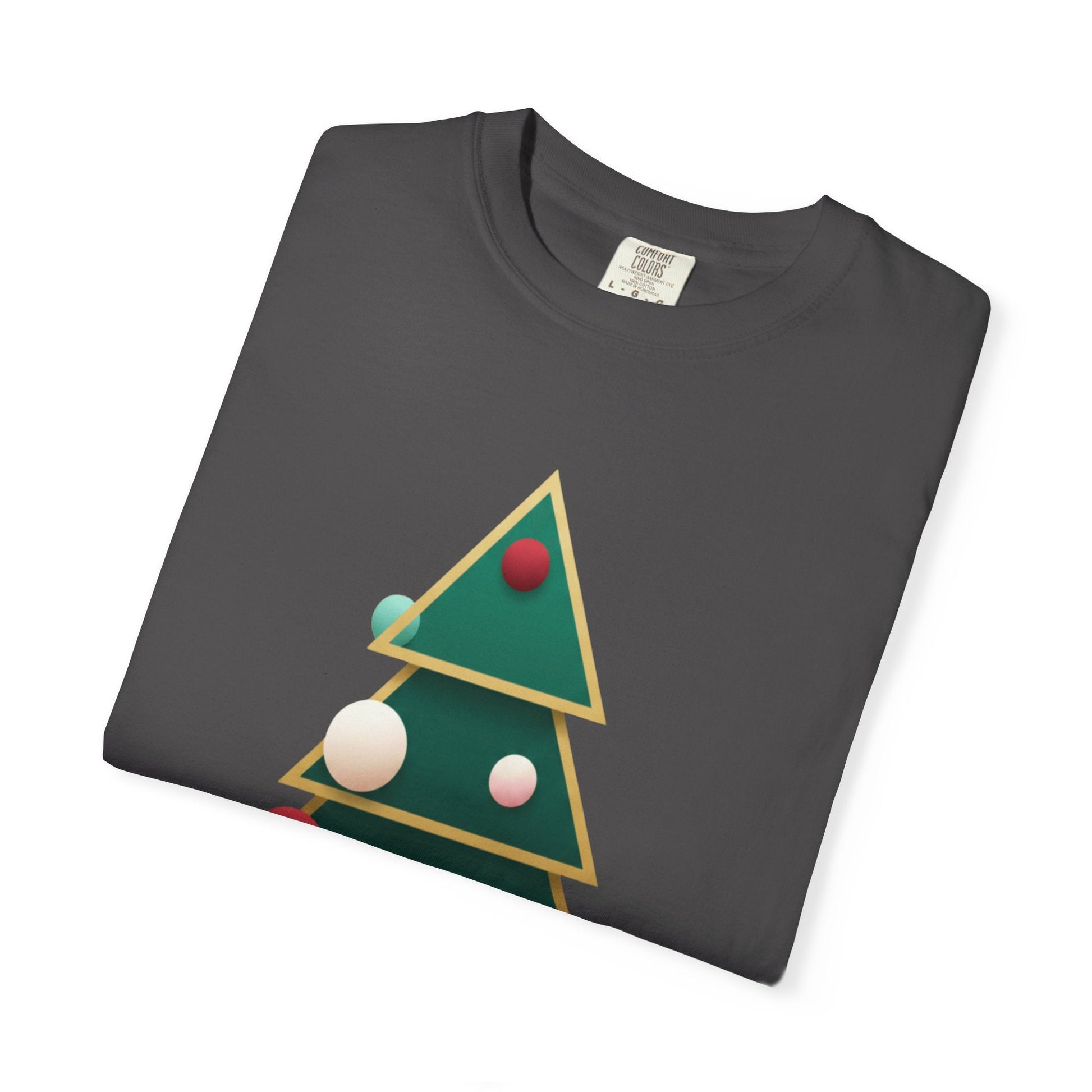 Geometric Festivity: Modern Christmas Tree Design, Minimalist Holiday Art T-shirt – Custom T-Shirt by PixelCraft360, unique decoration for events and special gifts