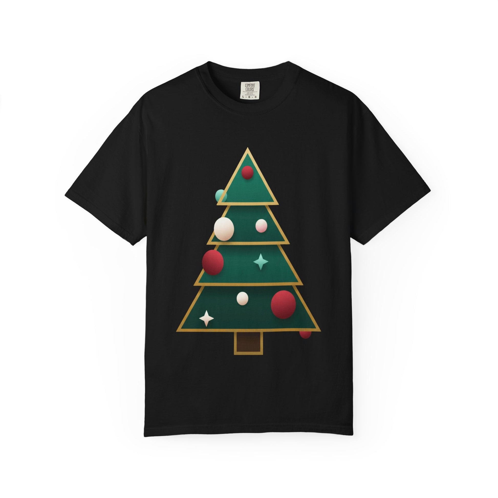 Geometric Festivity: Modern Christmas Tree Design, Minimalist Holiday Art T-shirt – Custom T-Shirt by PixelCraft360, unique decoration for events and special gifts