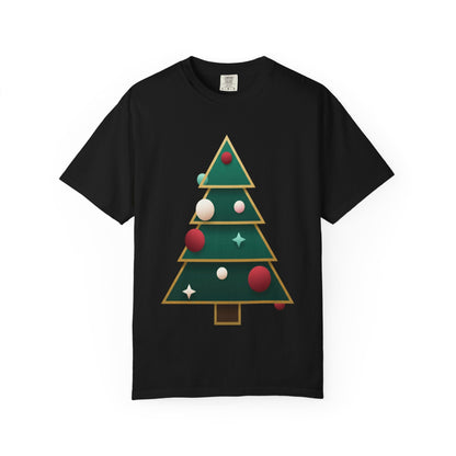 Geometric Festivity: Modern Christmas Tree Design, Minimalist Holiday Art T-shirt – Custom T-Shirt by PixelCraft360, unique decoration for events and special gifts