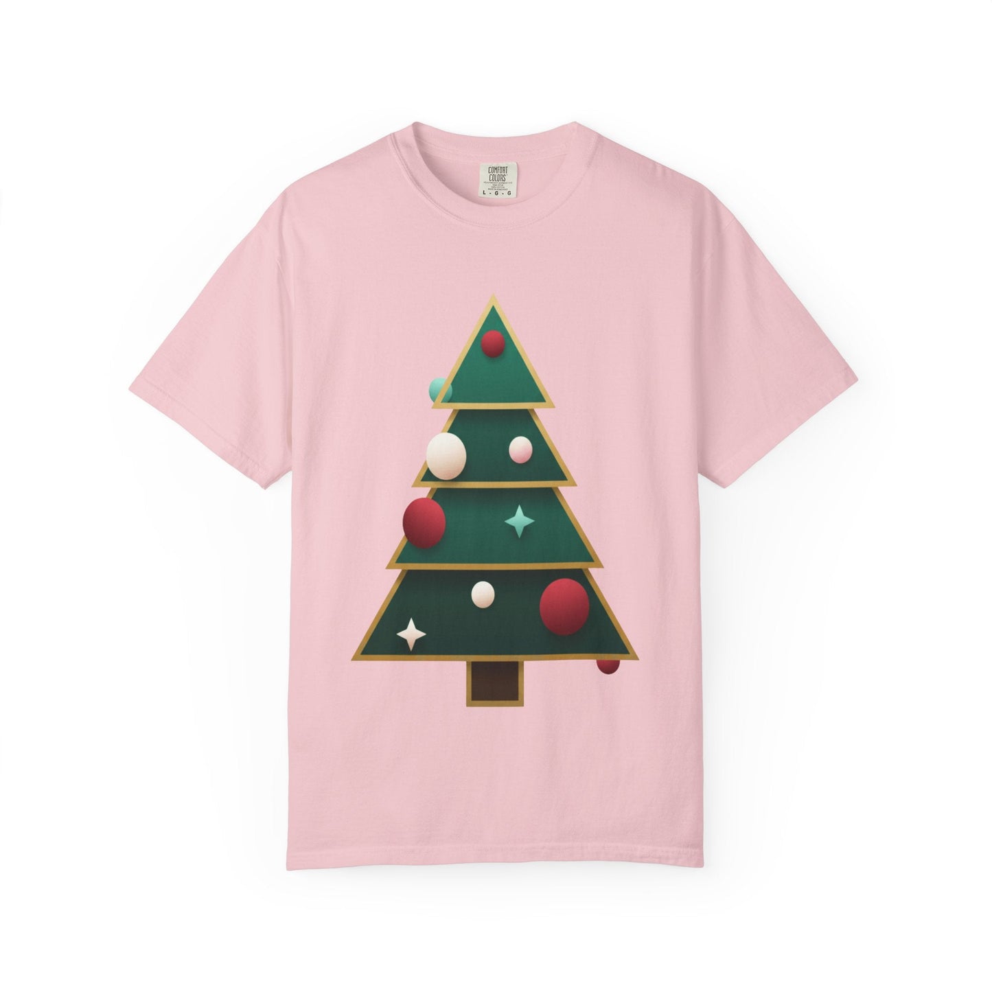 Geometric Festivity: Modern Christmas Tree Design, Minimalist Holiday Art T-shirt – Custom T-Shirt by PixelCraft360, unique decoration for events and special gifts