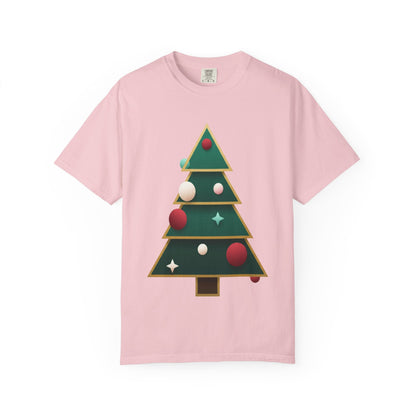 Geometric Festivity: Modern Christmas Tree Design, Minimalist Holiday Art T-shirt – Custom T-Shirt by PixelCraft360, unique decoration for events and special gifts