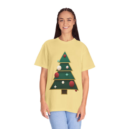 Geometric Festivity: Modern Christmas Tree Design, Minimalist Holiday Art T-shirt – Custom T-Shirt by PixelCraft360, unique decoration for events and special gifts