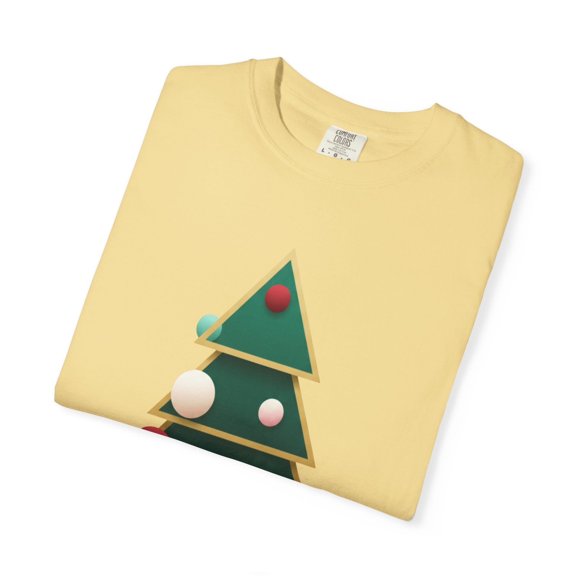 Geometric Festivity: Modern Christmas Tree Design, Minimalist Holiday Art T-shirt – Custom T-Shirt by PixelCraft360, unique decoration for events and special gifts