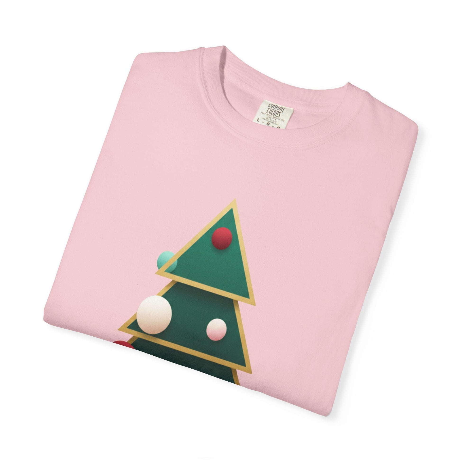 Geometric Festivity: Modern Christmas Tree Design, Minimalist Holiday Art T-shirt – Custom T-Shirt by PixelCraft360, unique decoration for events and special gifts
