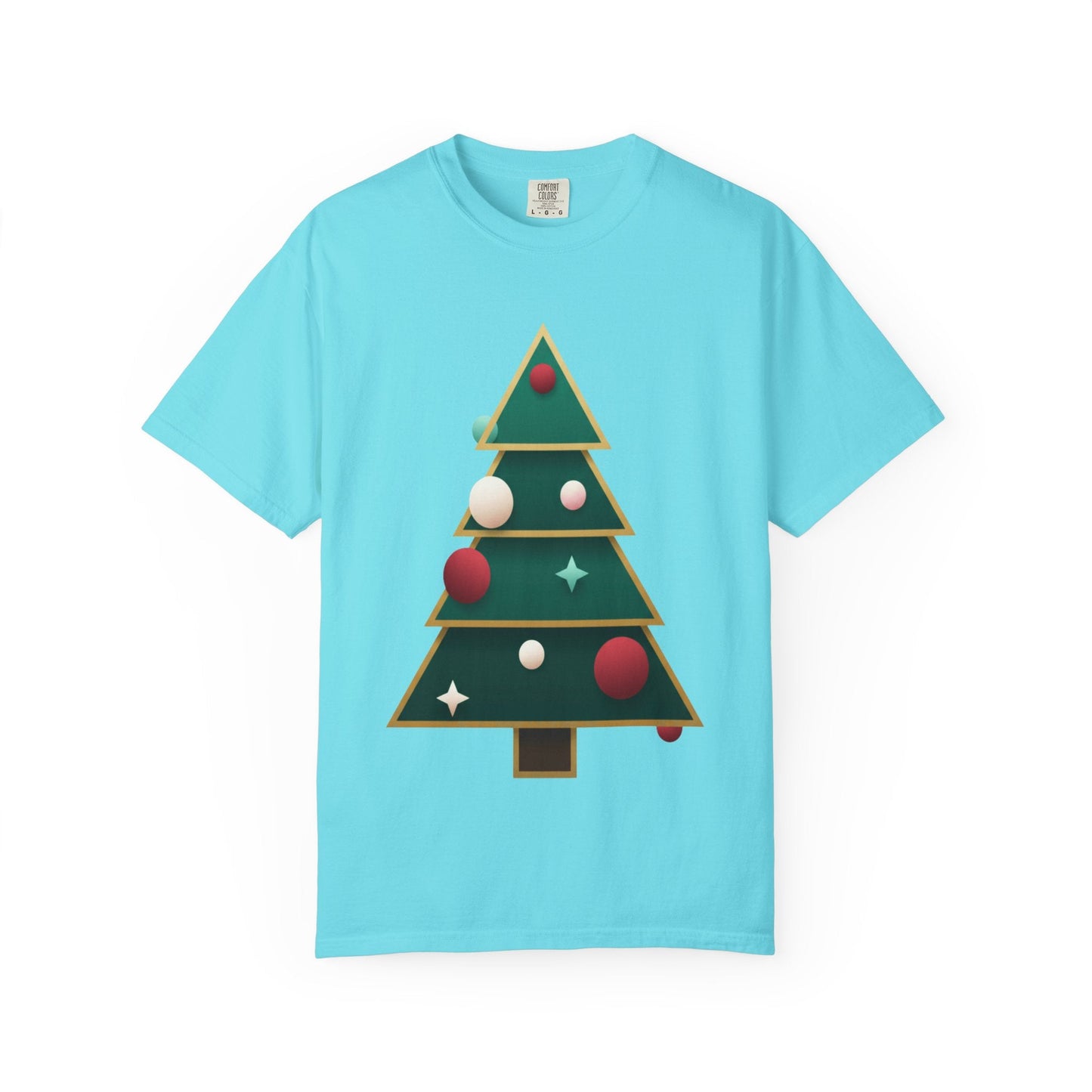 Geometric Festivity: Modern Christmas Tree Design, Minimalist Holiday Art T-shirt – Custom T-Shirt by PixelCraft360, unique decoration for events and special gifts