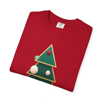 Geometric Festivity: Modern Christmas Tree Design, Minimalist Holiday Art T-shirt – Custom T-Shirt by PixelCraft360, unique decoration for events and special gifts