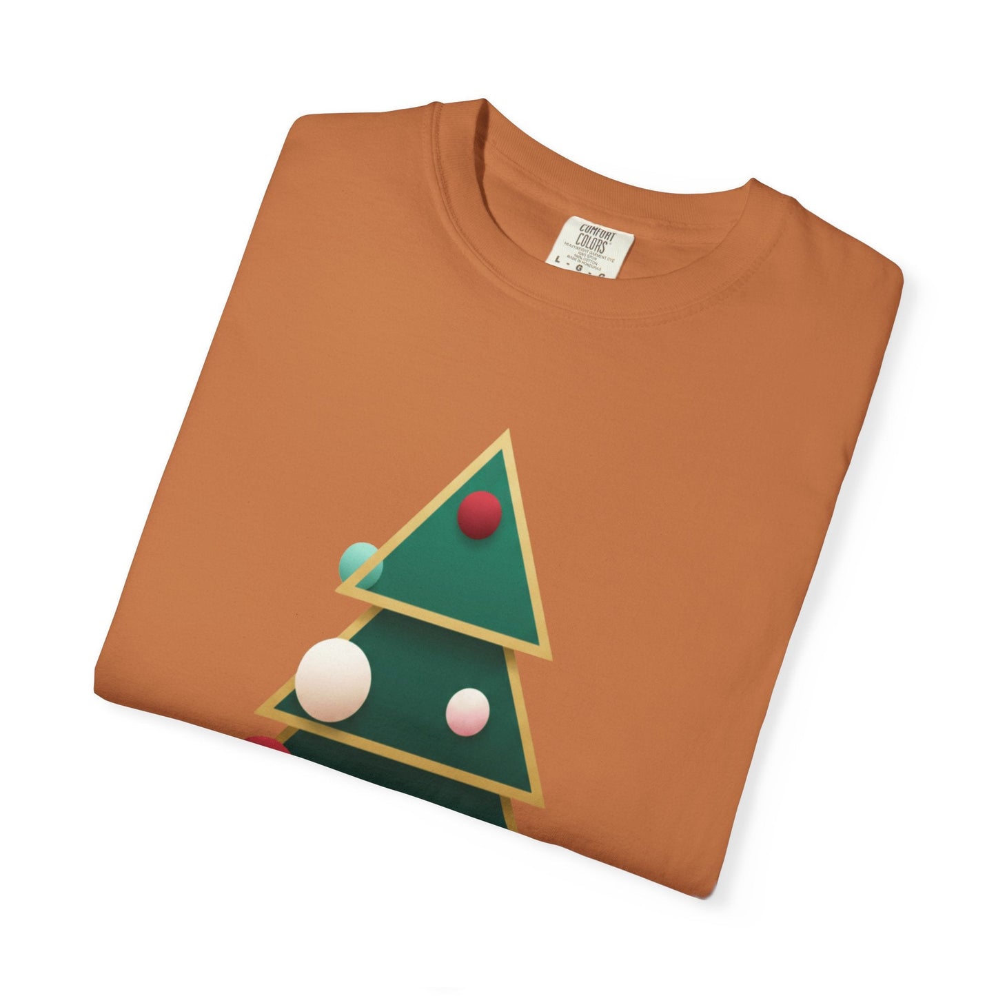 Geometric Festivity: Modern Christmas Tree Design, Minimalist Holiday Art T-shirt – Custom T-Shirt by PixelCraft360, unique decoration for events and special gifts