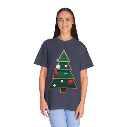 Geometric Festivity: Modern Christmas Tree Design, Minimalist Holiday Art T-shirt – Custom T-Shirt by PixelCraft360, unique decoration for events and special gifts