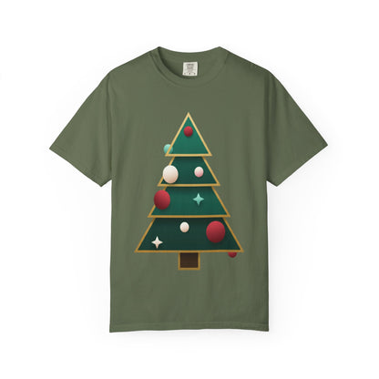 Geometric Festivity: Modern Christmas Tree Design, Minimalist Holiday Art T-shirt – Custom T-Shirt by PixelCraft360, unique decoration for events and special gifts