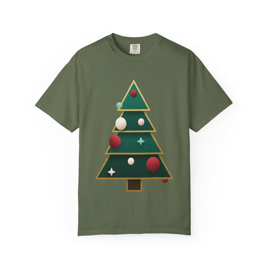 Geometric Festivity: Modern Christmas Tree Design, Minimalist Holiday Art T-shirt – Custom T-Shirt by PixelCraft360, unique decoration for events and special gifts