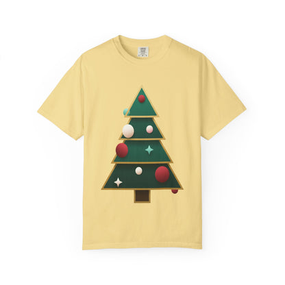 Geometric Festivity: Modern Christmas Tree Design, Minimalist Holiday Art T-shirt – Custom T-Shirt by PixelCraft360, unique decoration for events and special gifts