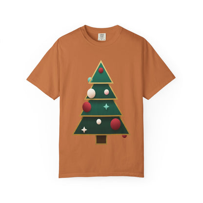 Geometric Festivity: Modern Christmas Tree Design, Minimalist Holiday Art T-shirt – Custom T-Shirt by PixelCraft360, unique decoration for events and special gifts