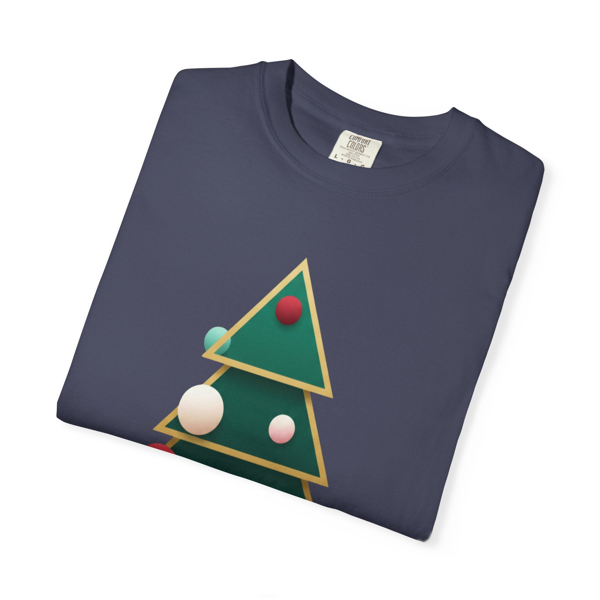 Geometric Festivity: Modern Christmas Tree Design, Minimalist Holiday Art T-shirt – Custom T-Shirt by PixelCraft360, unique decoration for events and special gifts