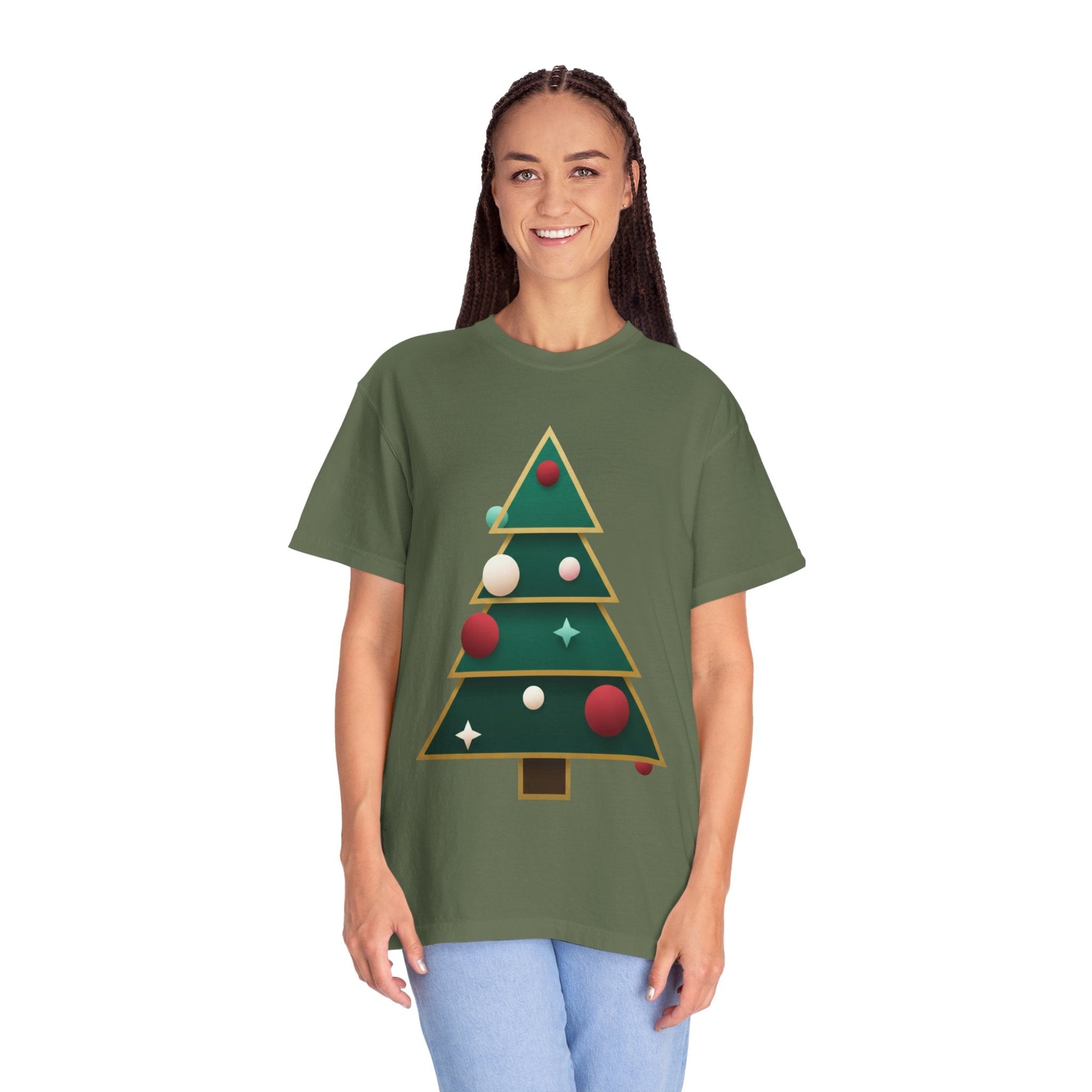 Geometric Festivity: Modern Christmas Tree Design, Minimalist Holiday Art T-shirt – Custom T-Shirt by PixelCraft360, unique decoration for events and special gifts