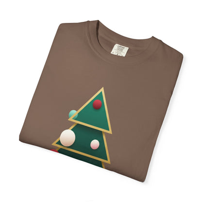 Geometric Festivity: Modern Christmas Tree Design, Minimalist Holiday Art T-shirt – Custom T-Shirt by PixelCraft360, unique decoration for events and special gifts