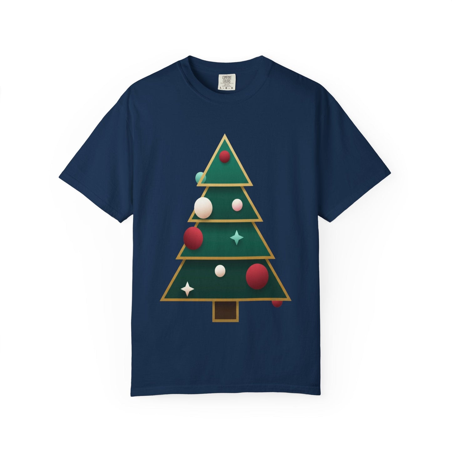 Geometric Festivity: Modern Christmas Tree Design, Minimalist Holiday Art T-shirt – Custom T-Shirt by PixelCraft360, unique decoration for events and special gifts