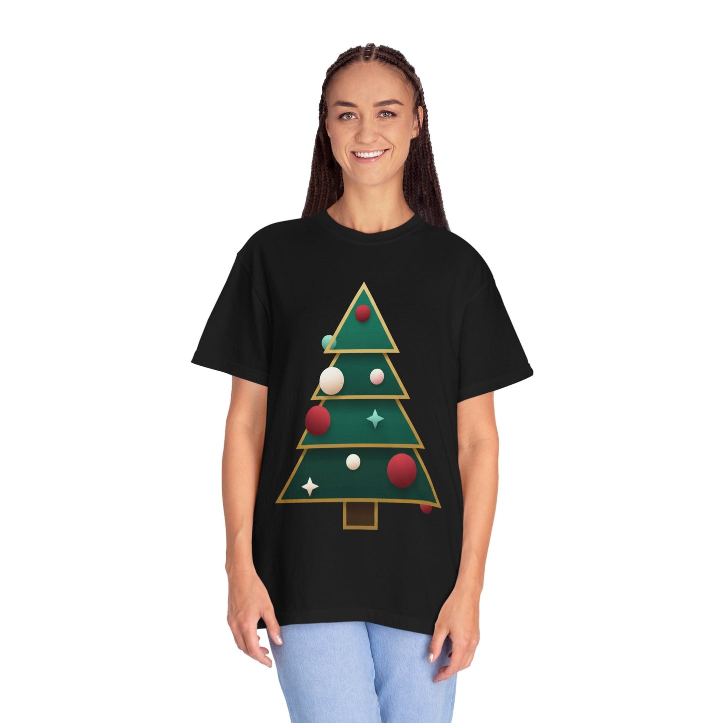 Geometric Festivity: Modern Christmas Tree Design, Minimalist Holiday Art T-shirt – Custom T-Shirt by PixelCraft360, unique decoration for events and special gifts