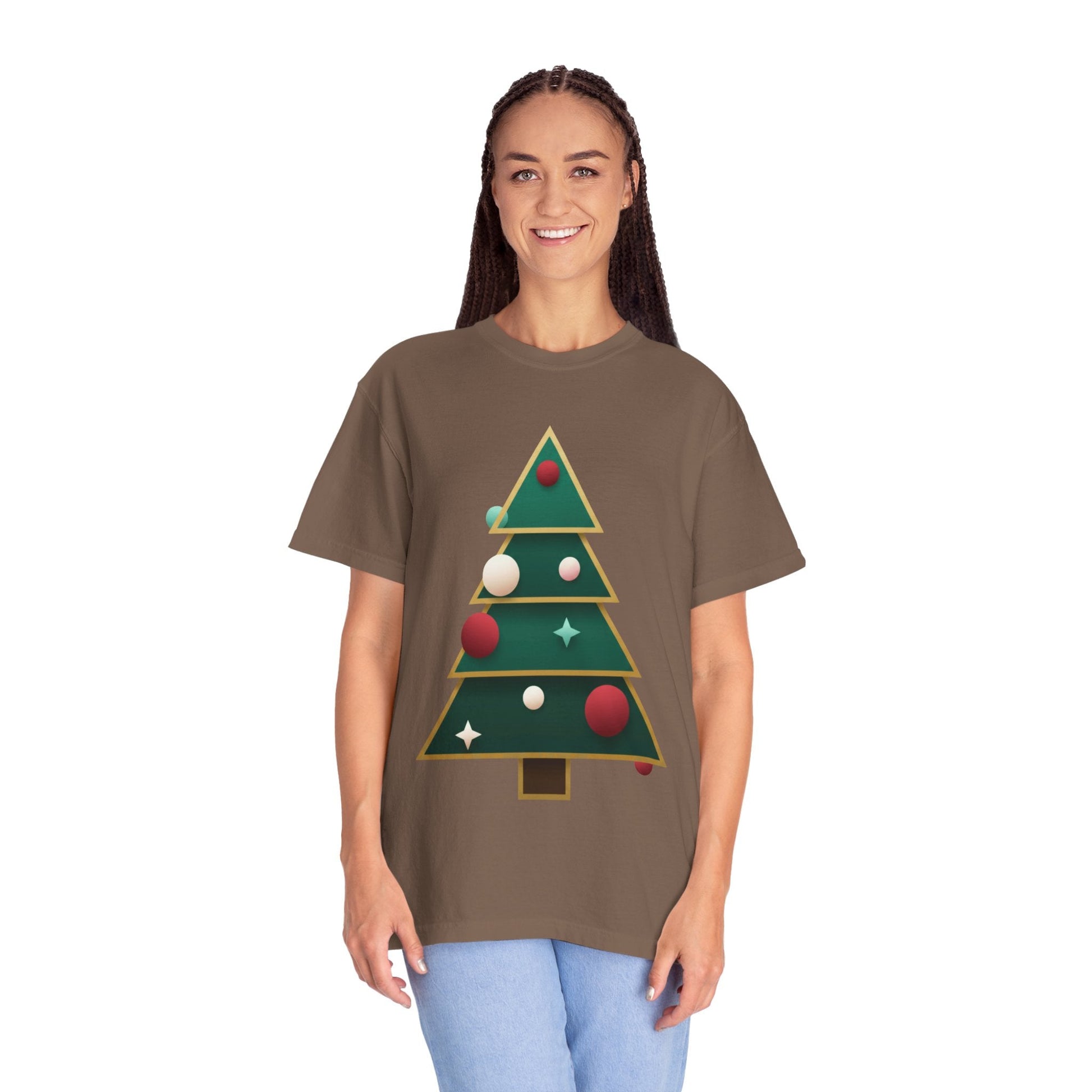 Geometric Festivity: Modern Christmas Tree Design, Minimalist Holiday Art T-shirt – Custom T-Shirt by PixelCraft360, unique decoration for events and special gifts