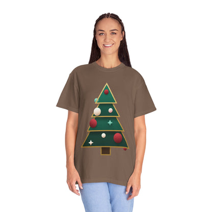 Geometric Festivity: Modern Christmas Tree Design, Minimalist Holiday Art T-shirt – Custom T-Shirt by PixelCraft360, unique decoration for events and special gifts