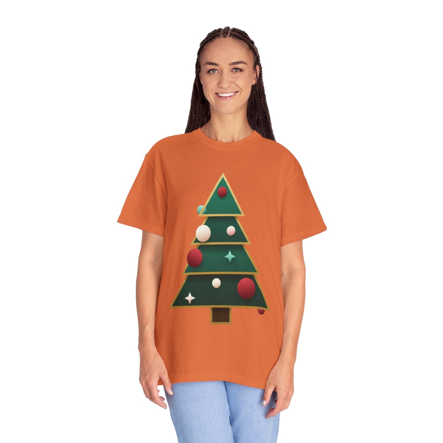 Geometric Festivity: Modern Christmas Tree Design, Minimalist Holiday Art T-shirt – Custom T-Shirt by PixelCraft360, unique decoration for events and special gifts