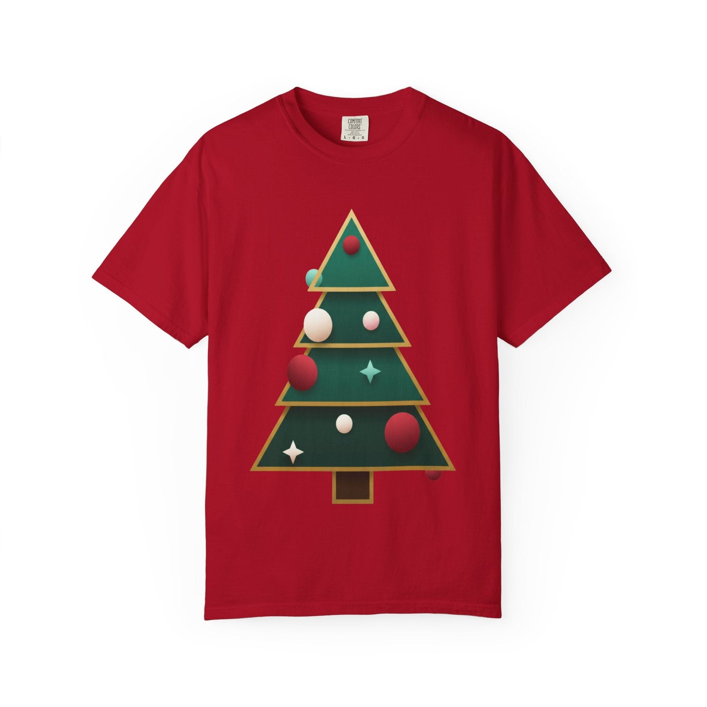 Geometric Festivity: Modern Christmas Tree Design, Minimalist Holiday Art T-shirt – Custom T-Shirt by PixelCraft360, unique decoration for events and special gifts