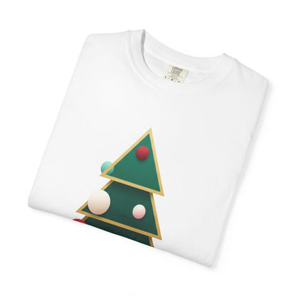 Geometric Festivity: Modern Christmas Tree Design, Minimalist Holiday Art T-shirt – Custom T-Shirt by PixelCraft360, unique decoration for events and special gifts