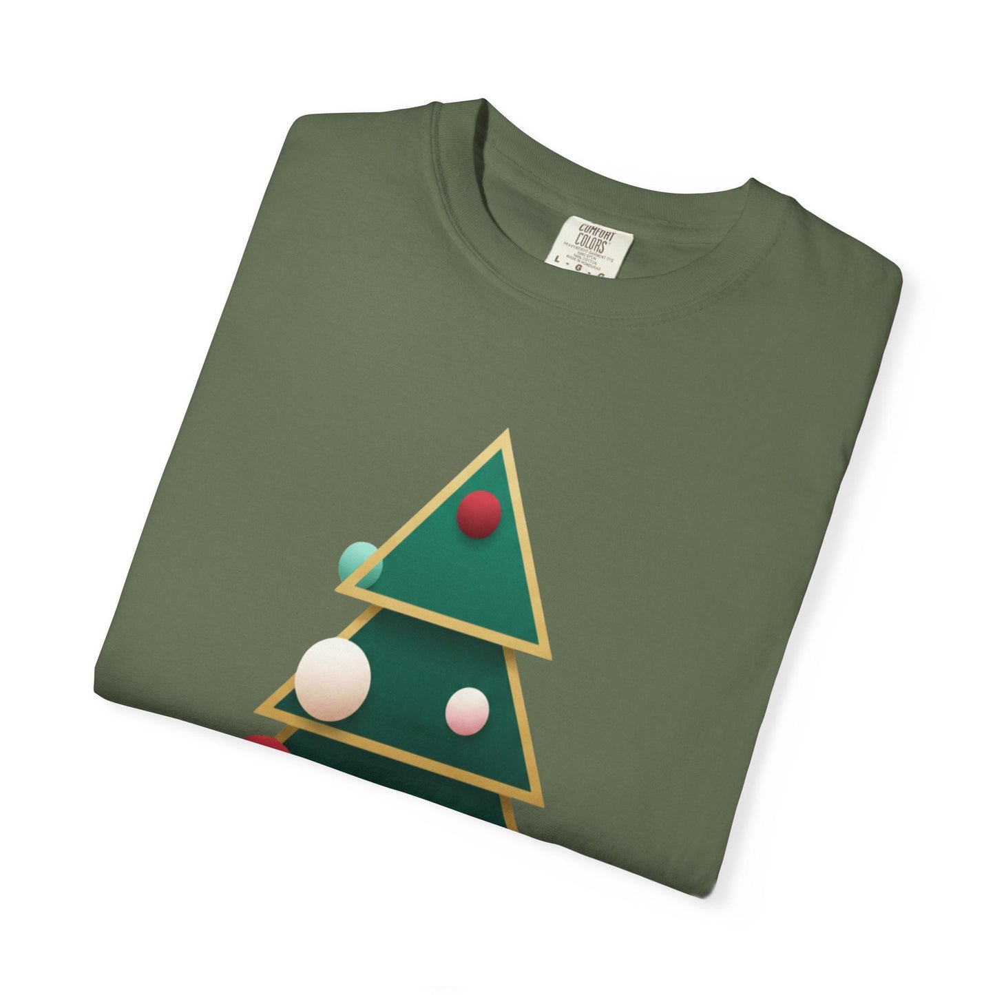 Geometric Festivity: Modern Christmas Tree Design, Minimalist Holiday Art T-shirt – Custom T-Shirt by PixelCraft360, unique decoration for events and special gifts