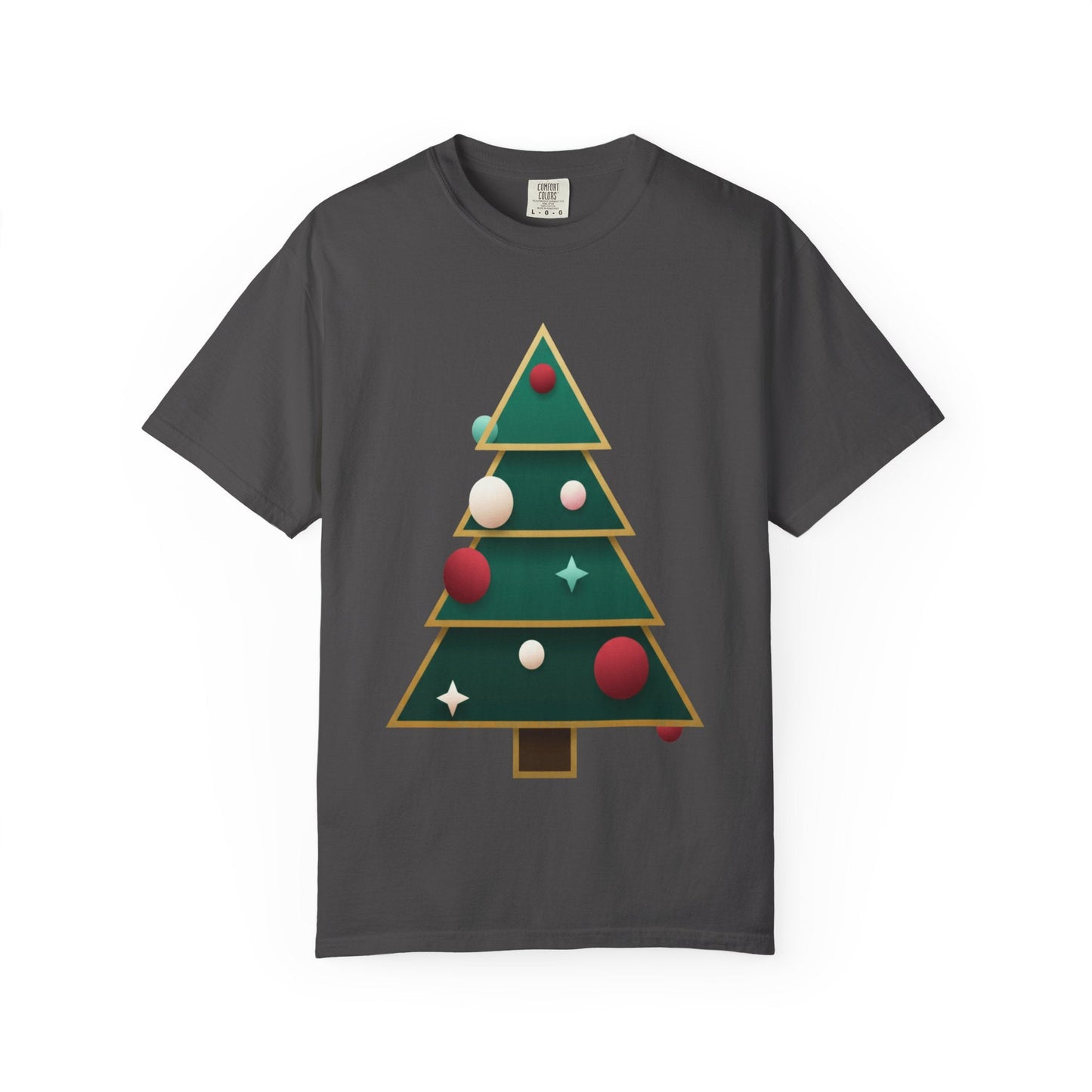 Geometric Festivity: Modern Christmas Tree Design, Minimalist Holiday Art T-shirt – Custom T-Shirt by PixelCraft360, unique decoration for events and special gifts