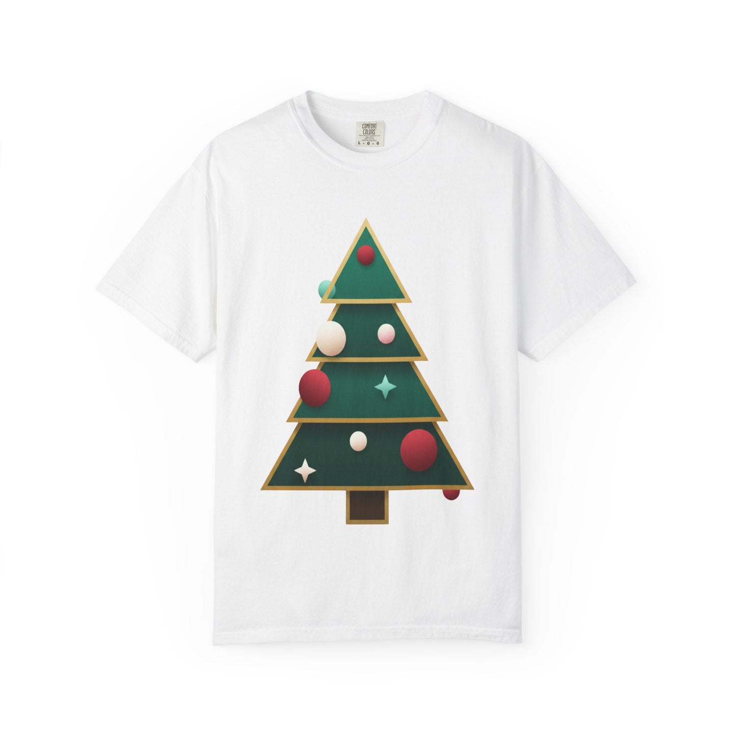 Geometric Festivity: Modern Christmas Tree Design, Minimalist Holiday Art T-shirt – Custom T-Shirt by PixelCraft360, unique decoration for events and special gifts