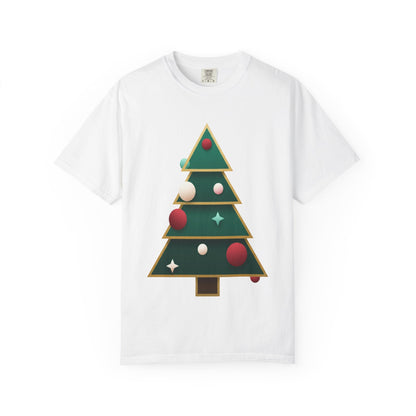 Geometric Festivity: Modern Christmas Tree Design, Minimalist Holiday Art T-shirt – Custom T-Shirt by PixelCraft360, unique decoration for events and special gifts
