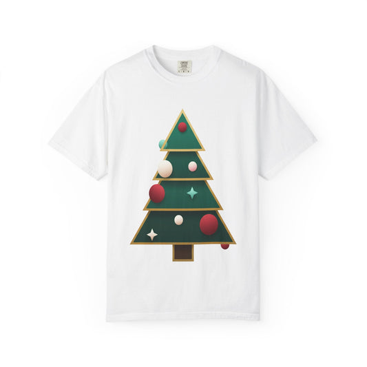 Geometric Festivity: Modern Christmas Tree Design, Minimalist Holiday Art T-shirt – Custom T-Shirt by PixelCraft360, unique decoration for events and special gifts