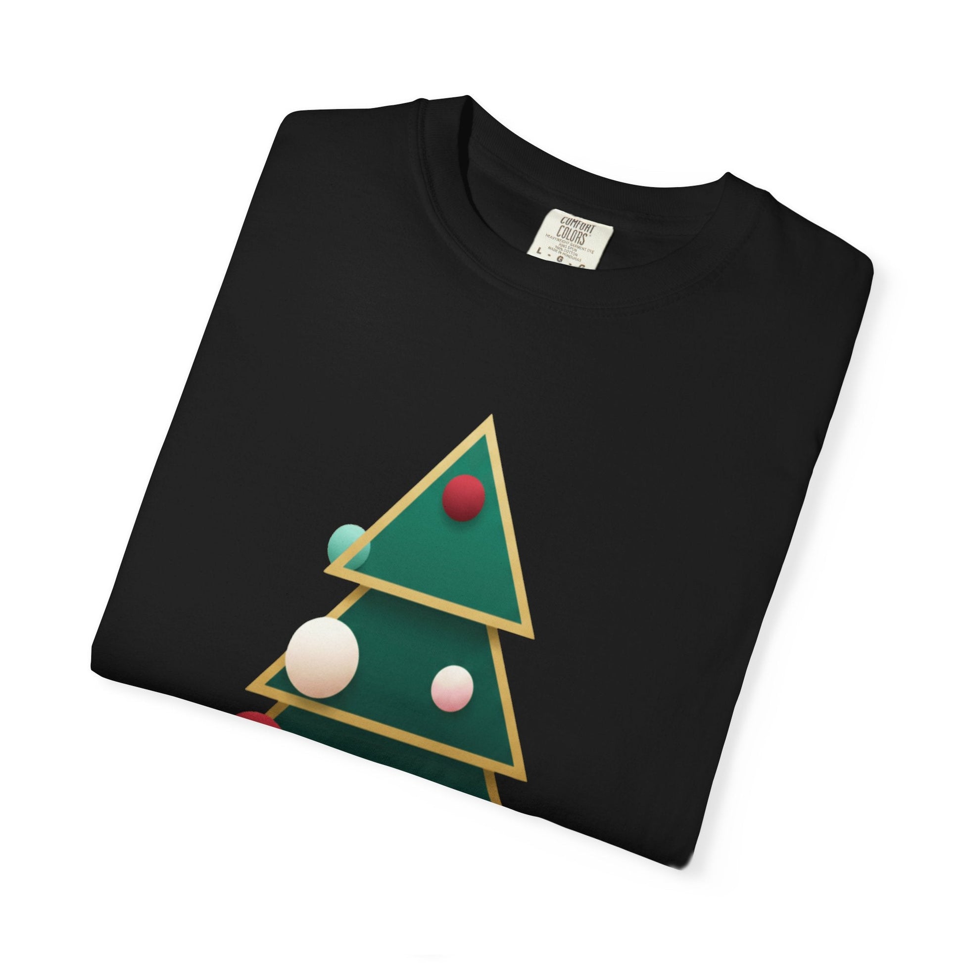 Geometric Festivity: Modern Christmas Tree Design, Minimalist Holiday Art T-shirt – Custom T-Shirt by PixelCraft360, unique decoration for events and special gifts