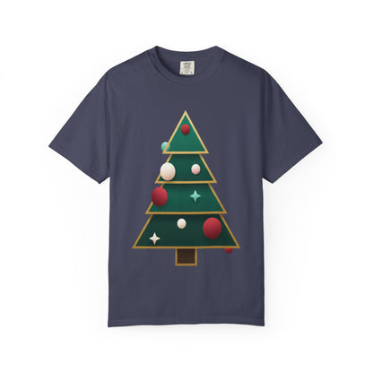 Geometric Festivity: Modern Christmas Tree Design, Minimalist Holiday Art T-shirt – Custom T-Shirt by PixelCraft360, unique decoration for events and special gifts